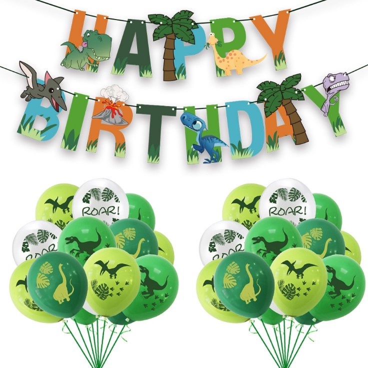 Bong bóng cao su/Cờ biểu ngữ Happy Birthday chủ đề khủng long dễ thương trí tiệc sinh nhật cho trẻ