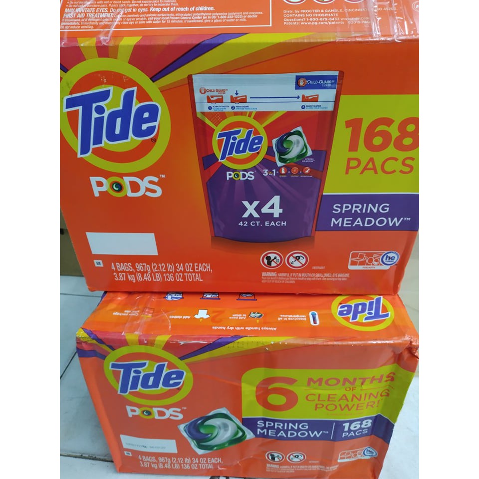 Thùng 168 viên giặt xả Tide Pods 3 in 1 Spring Meadow (gồm 4 túi mỗi túi 42v), hàng Mỹ xịn xò, thơm ngát hương hoa