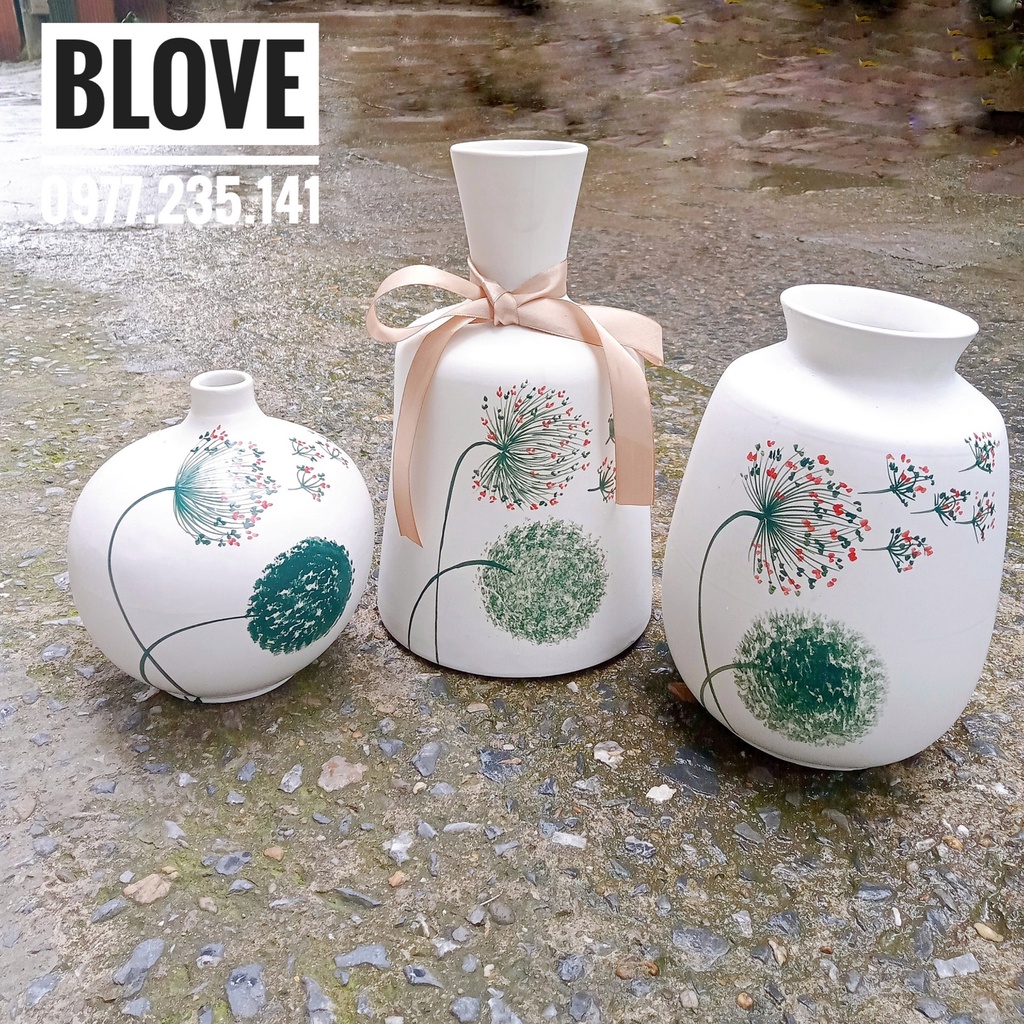 Quà tặng cao cấp, Bộ 3 Bình hoa bồ công anh,Gốm sứ bát tràng vẽ tay,Trang trí nhà cửa,decor,Quà tân gia, khai trương