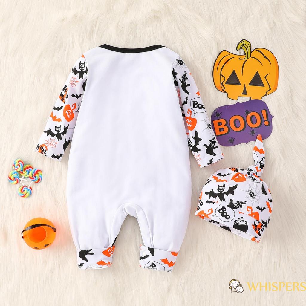 Áo Liền Quần Dài Tay Cổ Tròn Kèm Nón Họa Tiết Hoạt Hình Phong Cách Halloween Cho Bé