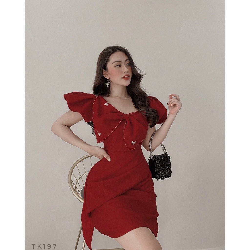 Nira Dress - Đầm đỏ nơ chéo ngực kết hạt (S,M)