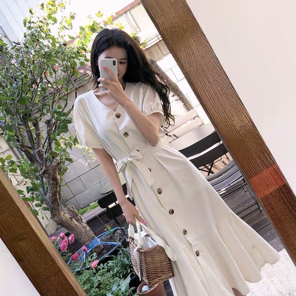 [Mã SKAMSALEP6 giảm 10% tối đa 100K đơn 150K] DX170 - Đầm Xòe Trắng Sơ Mi Đuôi Cá Cột Eo | BigBuy360 - bigbuy360.vn