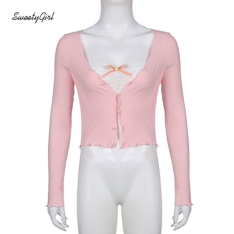 Áo Thun Tay Dài Cổ Chữ V Phối Ren Nơ Màu Trắng Hồng Thời Trang 2022