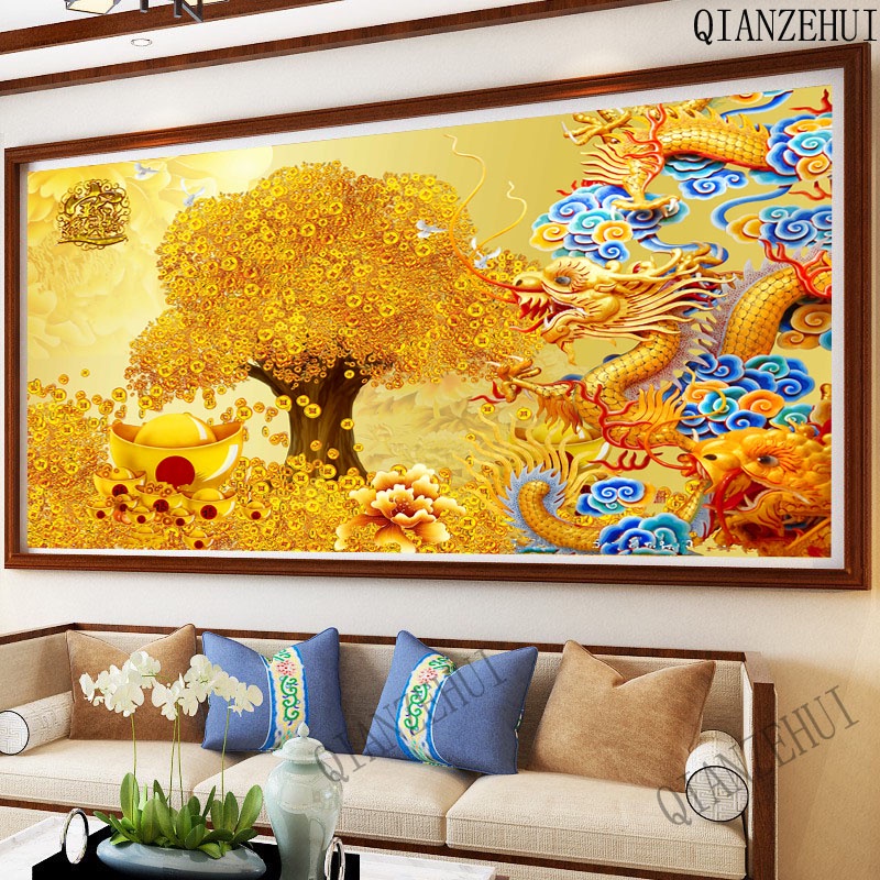Bộ Tranh Đính Đá Tự Làm Hình Rồng Vàng May Mắn