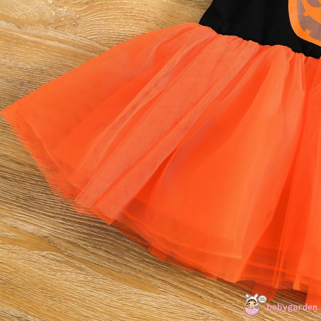 Đầm Tutu Phối Lưới Tay Ngắn In Họa Tiết Bí Ngô Phong Cách Halloween Cho Bé Gái 0-24 Tháng Tuổi