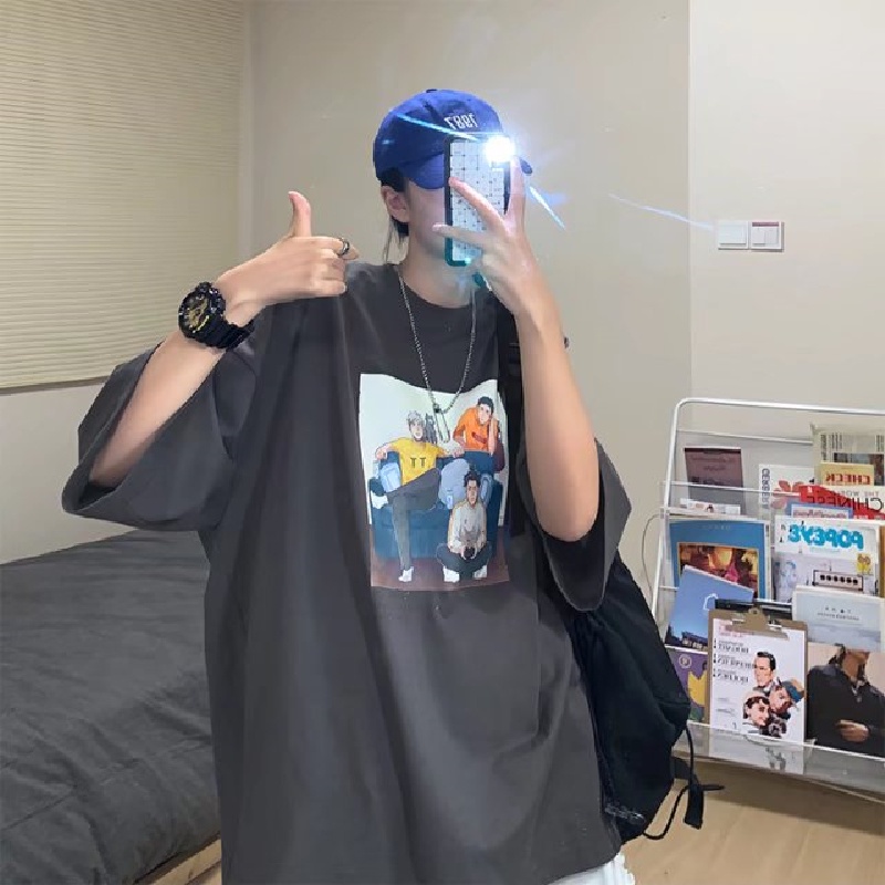 Áo Thun Mùa Hè Dáng Rộng Tay Cộc Cổ Tròn In Họa Tiết Hoạt Hình Phong Cách Hip Hop Đường Phố Cho Nam Và Nữ size M-8XL