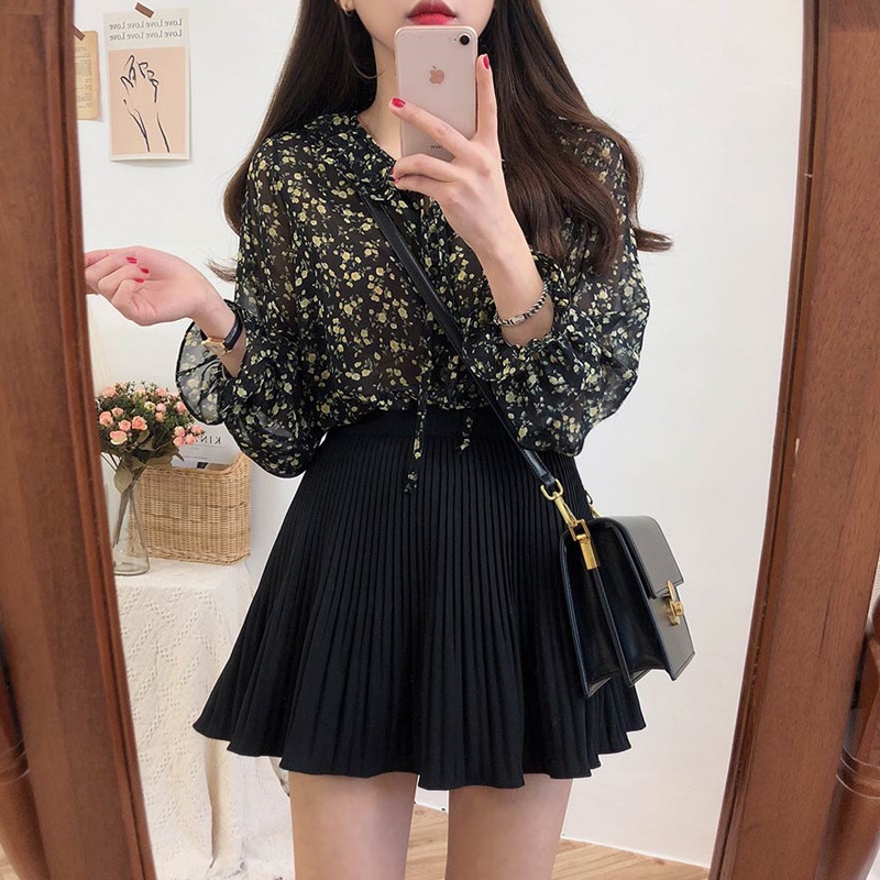 Áo Chiffon Nữ Tay Dài Phối Nơ In Hoa Dễ Thương