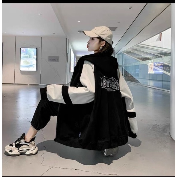 Áo khoác dây kéo phối tay trắng hình in LEASTREET phong cách unisex siêu hot mới ra mắt