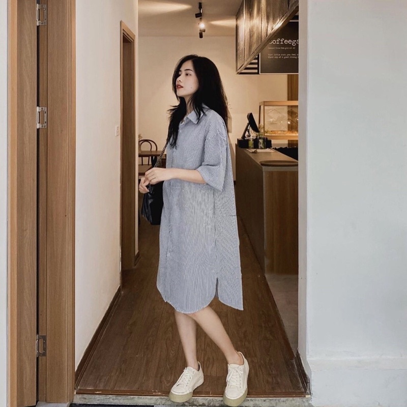Váy sơ mi nữ form rộng kẻ dáng suông hai màu đen xanh phong cách Hàn Quốc Kozoda D25