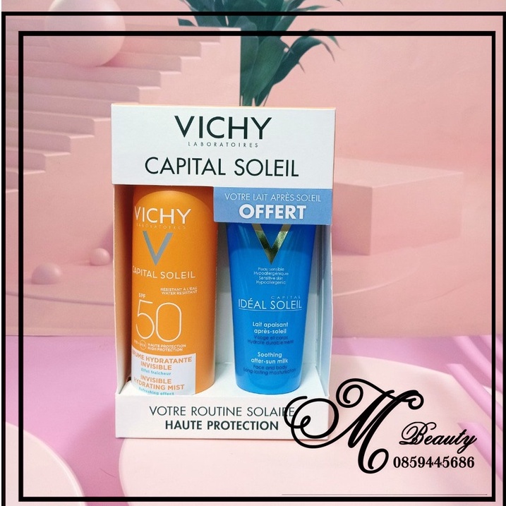 Set Xịt Chống Nắng Vichy 200ml Beach Protect SPF50+ kèm kem nhả nắng 100ml HÀNG PHÁP