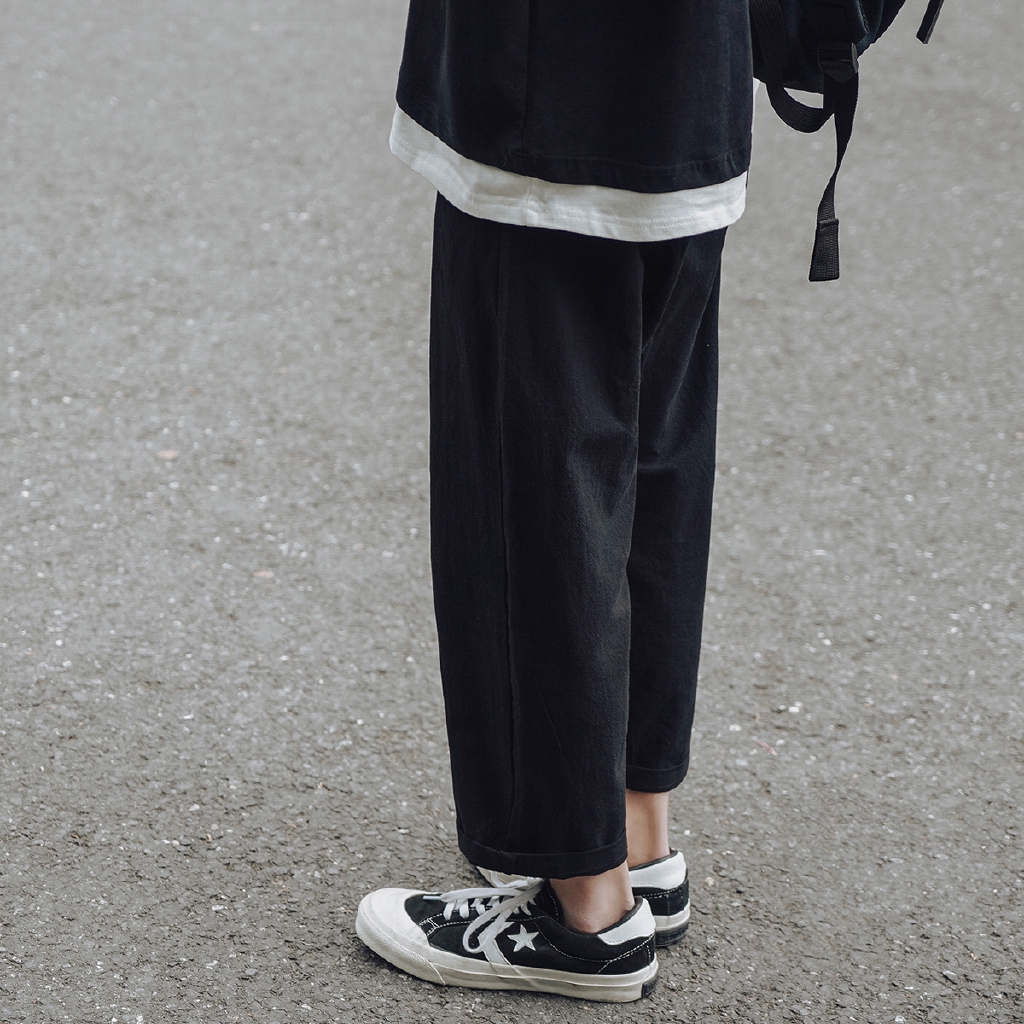 Quần ống suông lưng thun co giãn màu trơn bằng chất liệu vải lanh phong cách Hàn Quốc thời trang cho nam