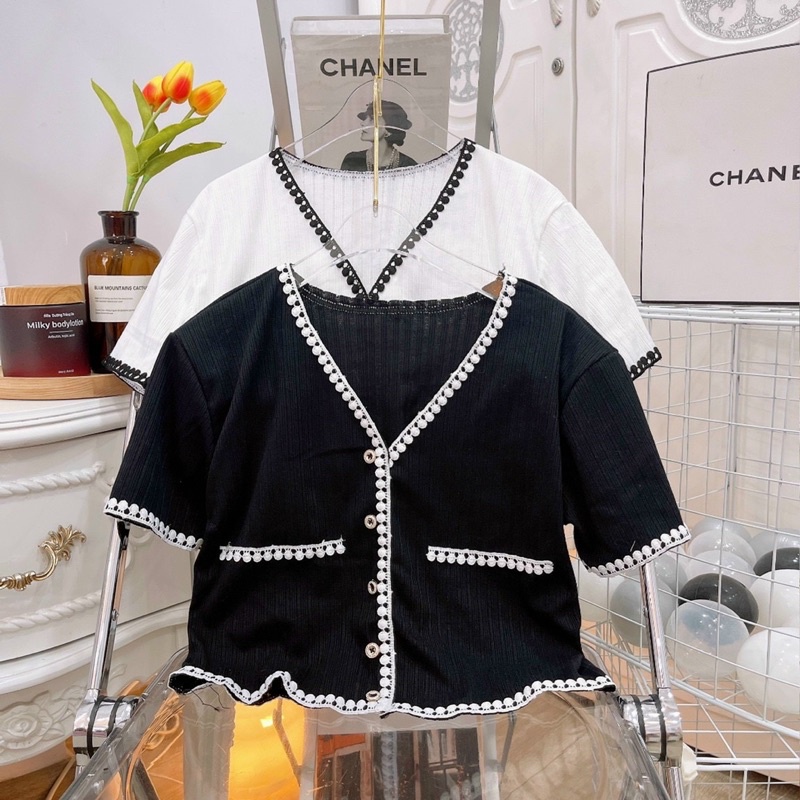[ẢNH THẬT] ÁO CROPTOP DÁNG RỘNG DIỀN REN CÓ TÚI THẬT CỔ V TIỂU THƯ SANG TRỌNG CRT96