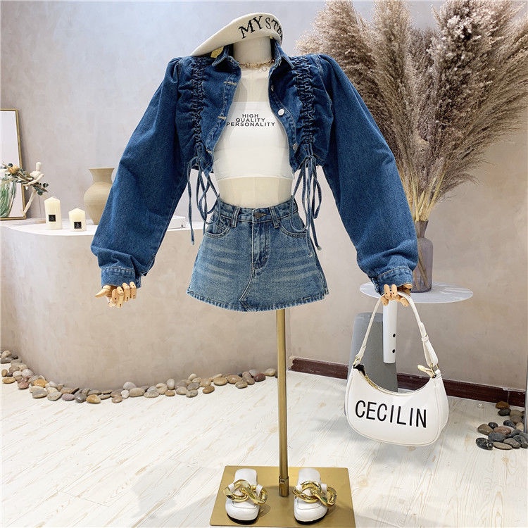 Áo khoác Denim dài tay phối dây rút thời trang mùa thu dành cho nữ | BigBuy360 - bigbuy360.vn