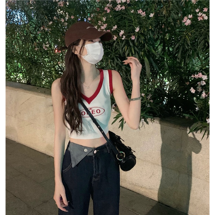 Kumikumi HUANG YOYO áo croptop Áo Dệt Kim Hai Dây Cổ Chữ V Dáng Ôm Thời Trang Hàn Quốc Cho Nữ áo hai dây