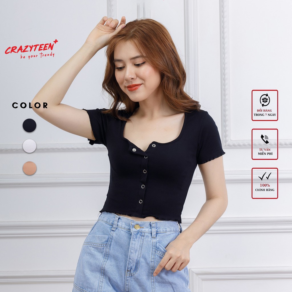 Áo croptop nữ kiểu dáng ôm CRAZYTEEN thun ngắn tay nút bấm AT0116