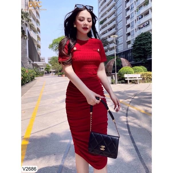 váy body đỏ nhún eo dự tiệc