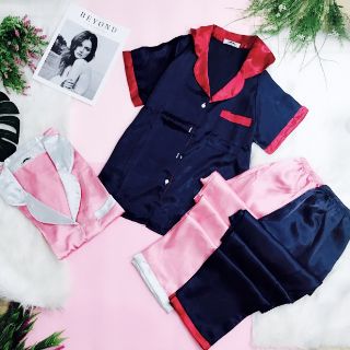 PHI LỤA PIJAMA QUẦN DÀI TAY NGẮN PHỐI