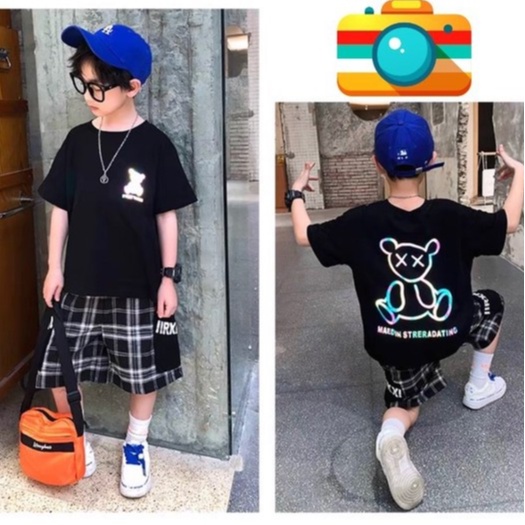 Bộ bé trai Con Xinh cotton Gấu phản quang 7 màu phối quần caro,set quần áo trẻ em từ 5 đến 14 tuổi
