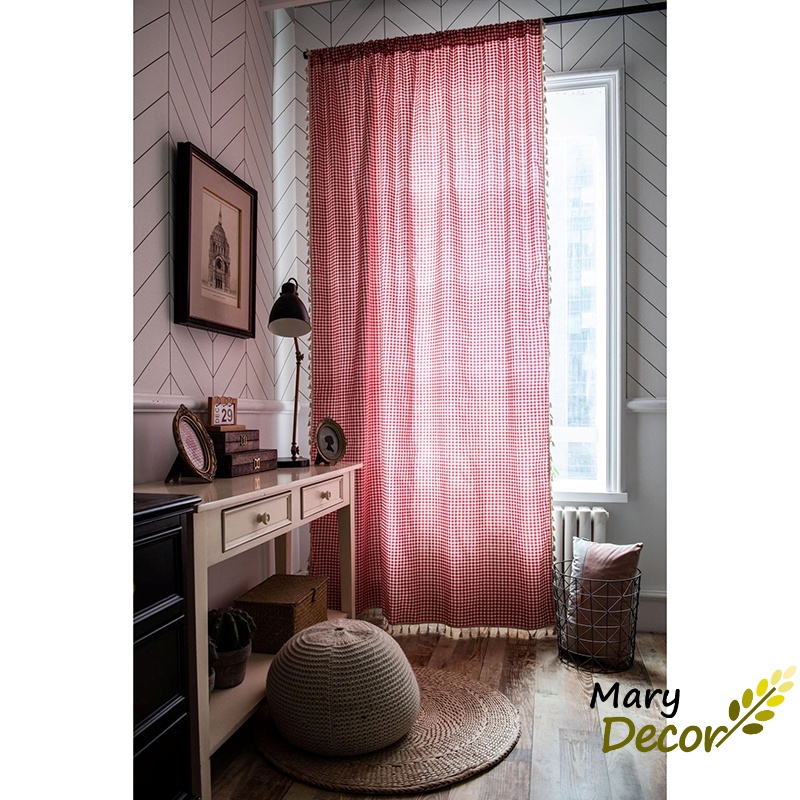 Rèm cửa đẹp vải bố linen trang trí nhà cửa giá tốt - họa tiết Caro đỏ R-A03