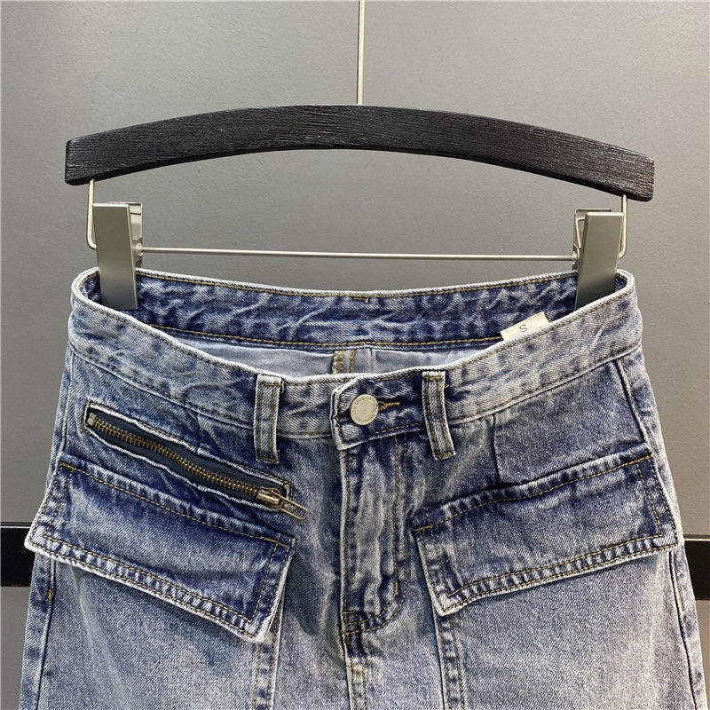 European tooling pocket denim skirt women's 2022 summer new skinny a-bag hip half skirt