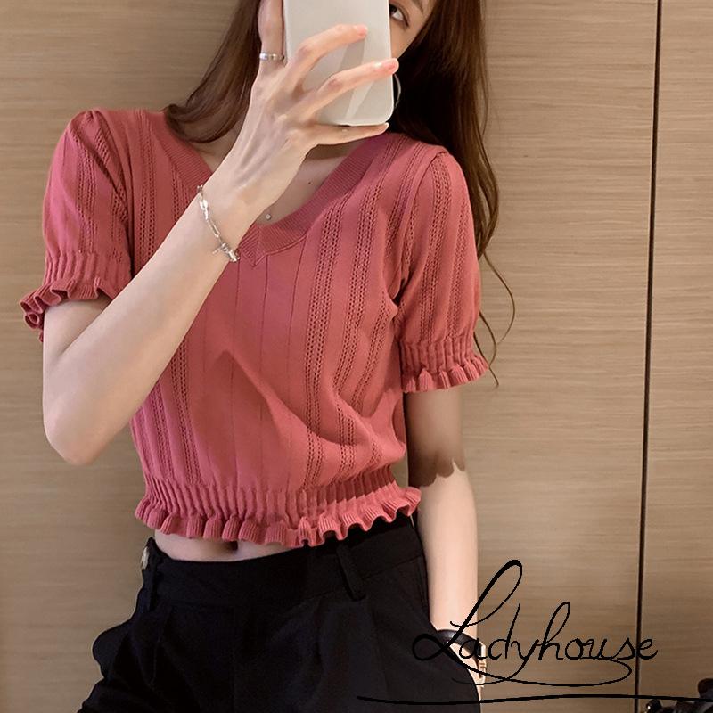 Áo Thun Dệt Kim Tay Ngắn Cổ Chữ V Màu Trơn Thời Trang Cho Nữ