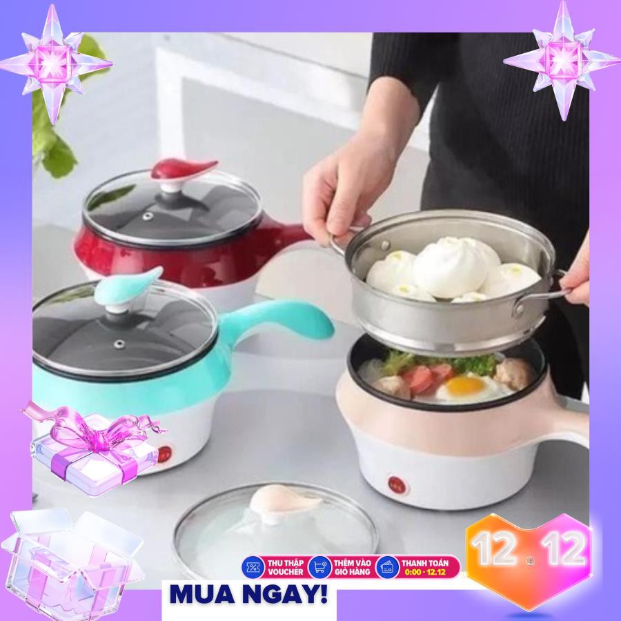 Ca nấu mì kiêm nồi lẩu mini 2 tầng đa năng chống dính cao cấp, Tặng kèm vỉ hấp, xửng hấp tiện dụng-Nồi chiên nấu mini đa