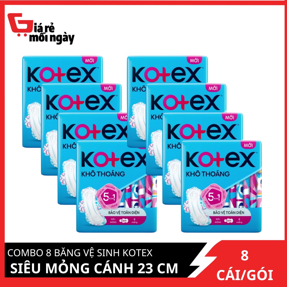 Combo 8 Băng vệ sinh Kotex Khô thoáng siêu mỏng cánh 23cm 8 miếng