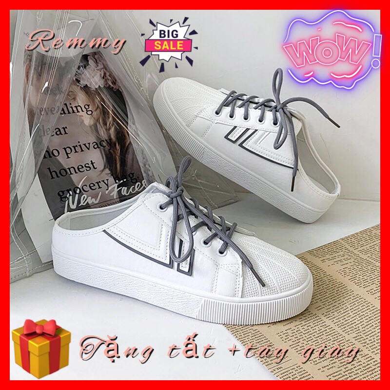 Giày sục nữ Canvas màu trắng Sục bata đạp gót đế bánh mì 3cm REMMY From rộng