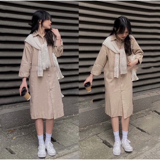 Váy sơ mi dáng dài Hàn Quốc nhung tăm basic TÚI ngực