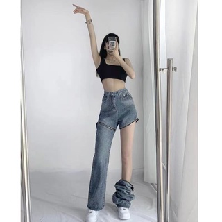 Quần jean lưng cao dáng suông hai kiểu mặc ống có thể tháo rời được tạo vóc dáng thon gọn thời trang Hàn Quốc cho nữ