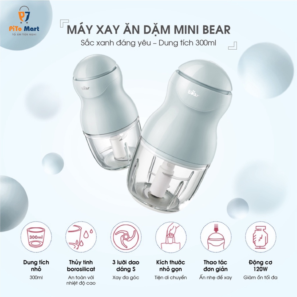 Máy xay mini cho bé ăn dặm, Máy xay đa năng Bear màu xanh 0.3L nhỏ gọn, an toàn, dễ sử dụng - Bảo hành 18 tháng