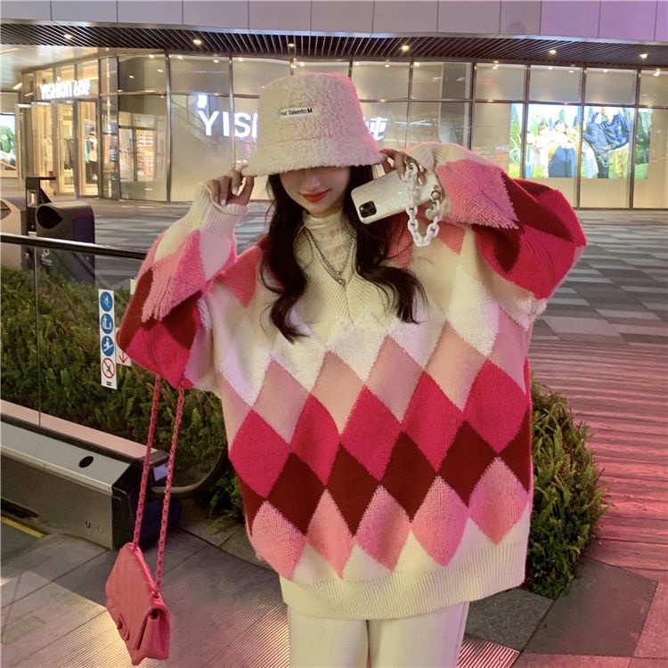 Áo Len Tay Dài Cổ Chữ v Form Rộng Họa Tiết Hình Thoi Phong Cách Hàn Quốc Dễ Phối Đồ