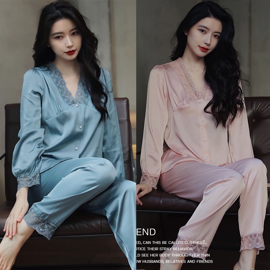 Bộ đồ mặc nhà pijama lụa phối ren cao cấp dài tay nữ tính mềm mịn, mát khi mặc