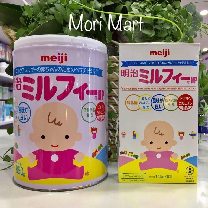 Sữa Meiji HP dạng thanh 14,5g x 6 thanh và lon 850g