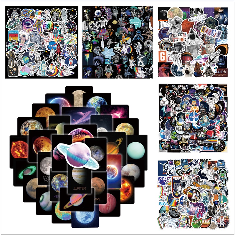 Set 100/50 Sticker Hoạt Hình Phi Hành Gia Không Gian Chống Thấm Nước Trang Trí Đa Dụng