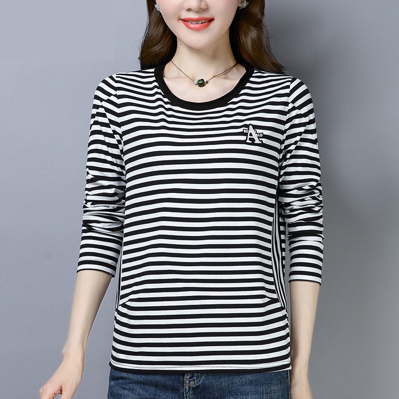 Áo Thun Tay Dài Họa Tiết Kẻ Sọc Phong Cách Phương Tây Thời Trang Mùa Thu Mới Cho Phụ Nữ Trung Niên