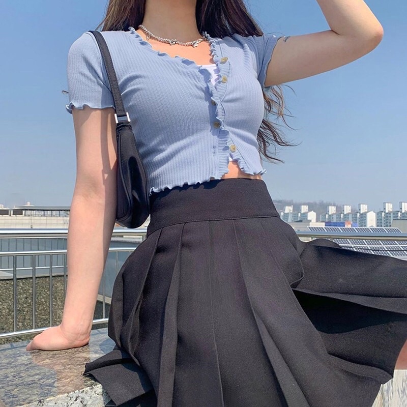 Áo croptop cài cúc cổ V chạy viền BÈO