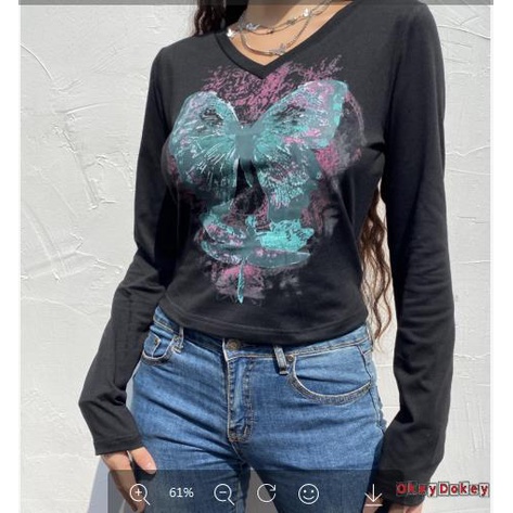 Áo Thun Tay Dài Cổ Tròn Hở Rốn In Họa Tiết Bướm Tương Phản Cho Nữ