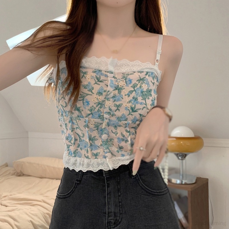 Áo Croptop Hai Dây Phối Ren Hoa Thời Trang Hàn Quốc Ngọt Ngào Cho Nữ