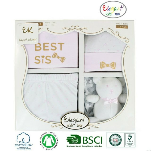 Set hộp quà tặng em bé 4 món kèm gấu bông và set 5 bodysuit - Lovekids