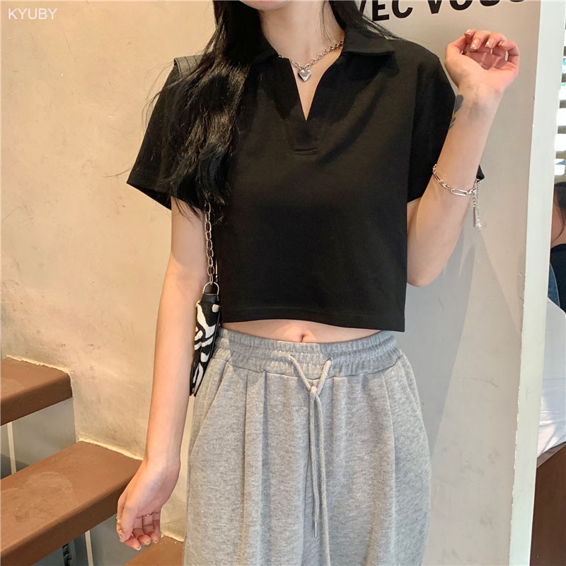 Áo croptop nữ tay ngắn có cổ KYUBY Polo croptop chất cotton