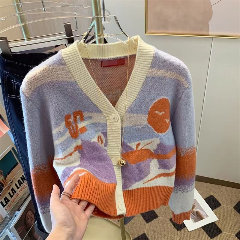 Áo Khoác Cardigan Dệt Kim Cổ Chữ V Dáng Ngắn Màu Sắc Tương Phản Thời Trang Mùa Thu