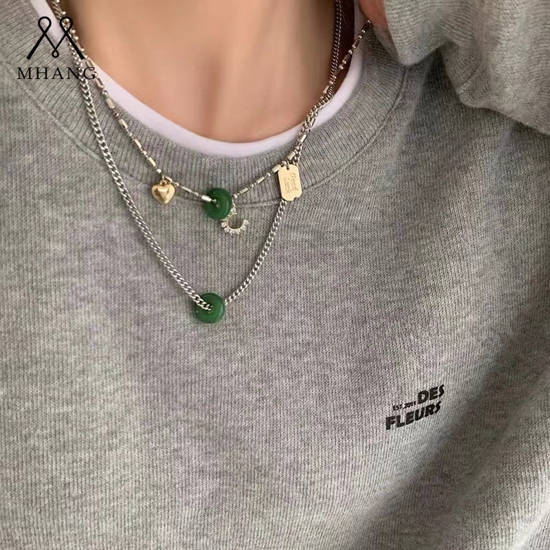 Vòng cổ Hai Lớp Mặt Hình Trái Tim Màu Xanh Ngọc Bích Phong Cách Hip Hop Thời Trang