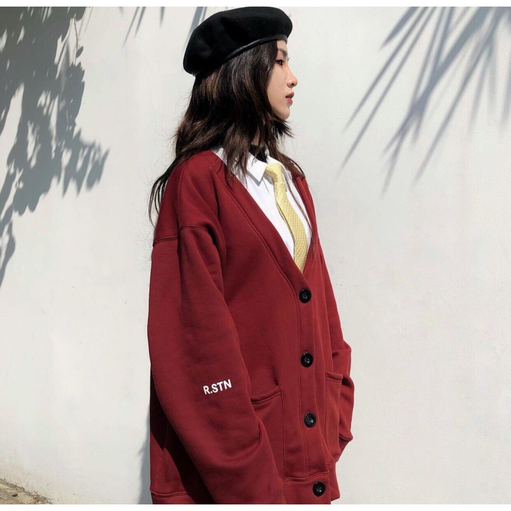 Áo Cadigan nỉ logo ngực- Áo khoác nỉ dáng rộng cổ V 4 khuy ullzang | BigBuy360 - bigbuy360.vn