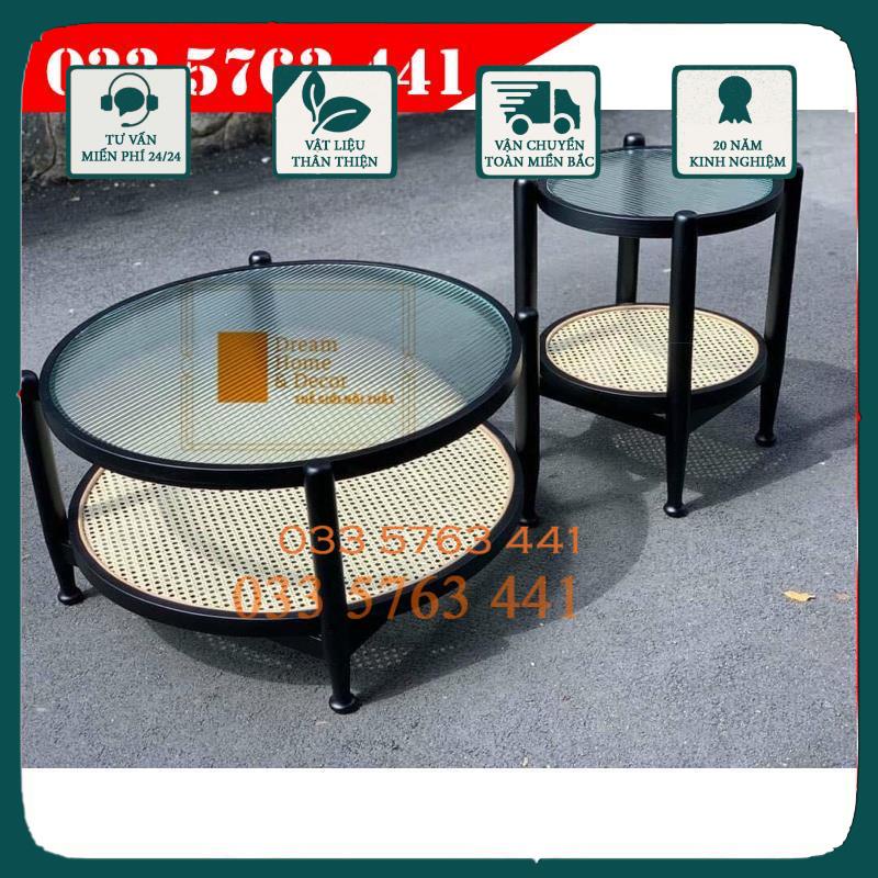 Bàn trà DECOR mẫu mới 2021 đường kính D60 hoặc D40 tùy chọn khung gỗ sồi nga, kính lượng sóng