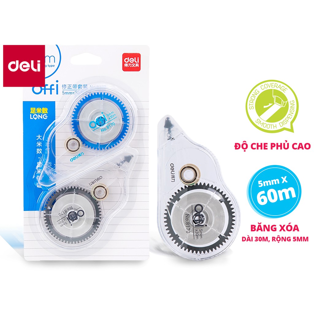 [Mã LIFEDL44 giảm 50K đơn 99K] Set bút xóa băng cao cấp Deli Dài 30m/c - 2 chiếc/vỉ - 8170