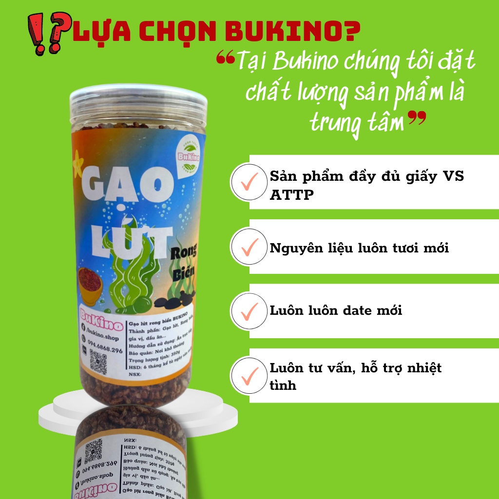 Gạo lứt sấy rong biển BUKINO, gạo lức giòn ngon hộp 350gr, đồ ăn kiêng giảm cân tốt cho sức khỏe, ship hỏa tốc Hà Nội