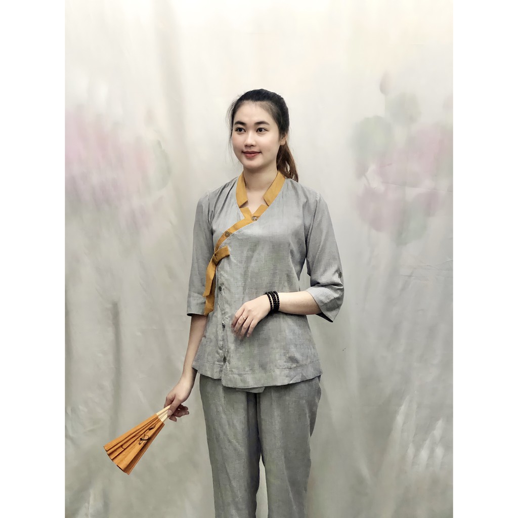 Bộ lam đi chùa cho nữ "kiểu Thái viền Ấn Độ nơ"