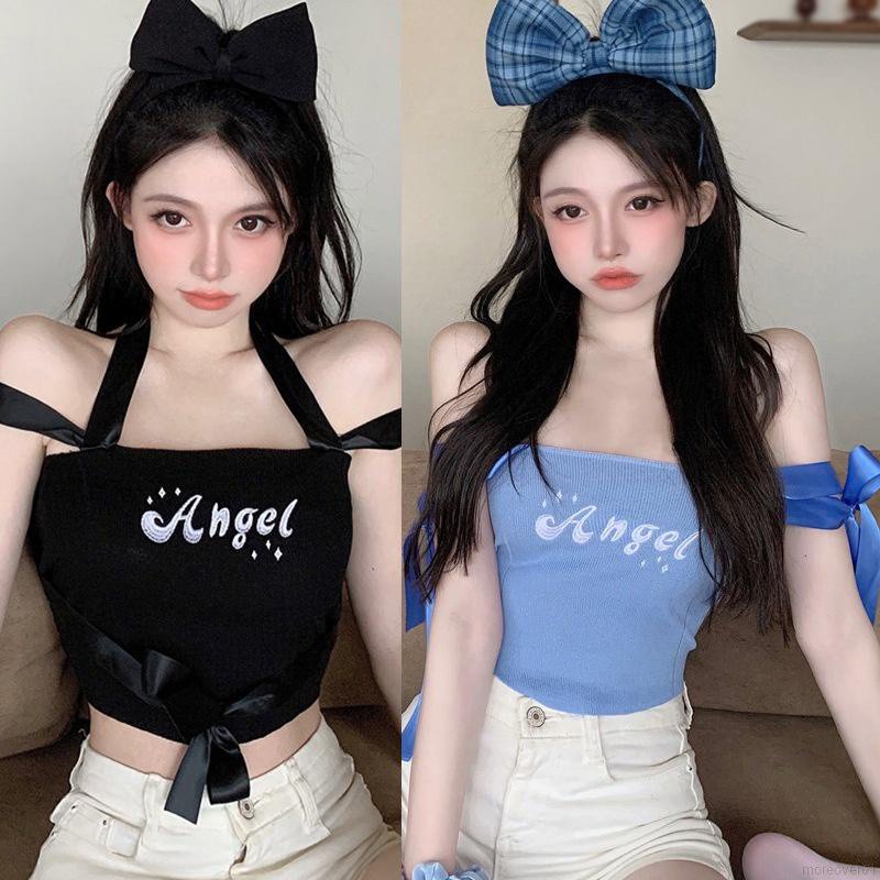 Áo Croptop Dệt Kim Trễ Vai Tay Ngắn In Chữ Phong Cách Hàn Quốc Quyến Rũ Cho Nữ | BigBuy360 - bigbuy360.vn