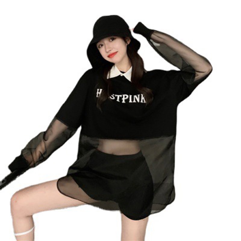 Áo tay dài dáng rộng cổ polo phối lưới phong cách thời trang Hàn Quốc